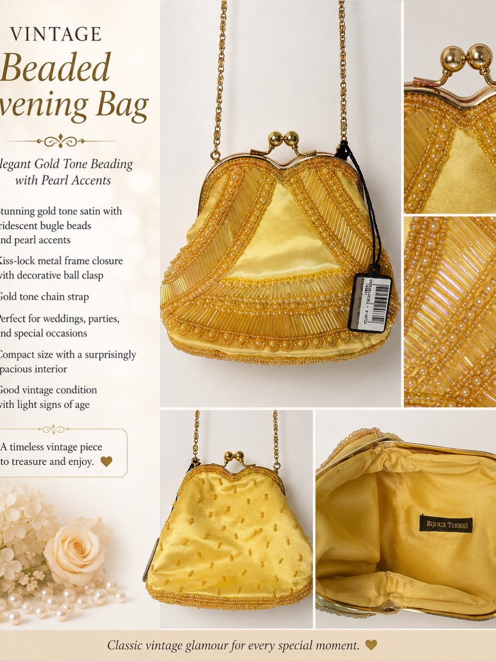 Bijoux Terner Gold Beaded Satin Evening Clutch